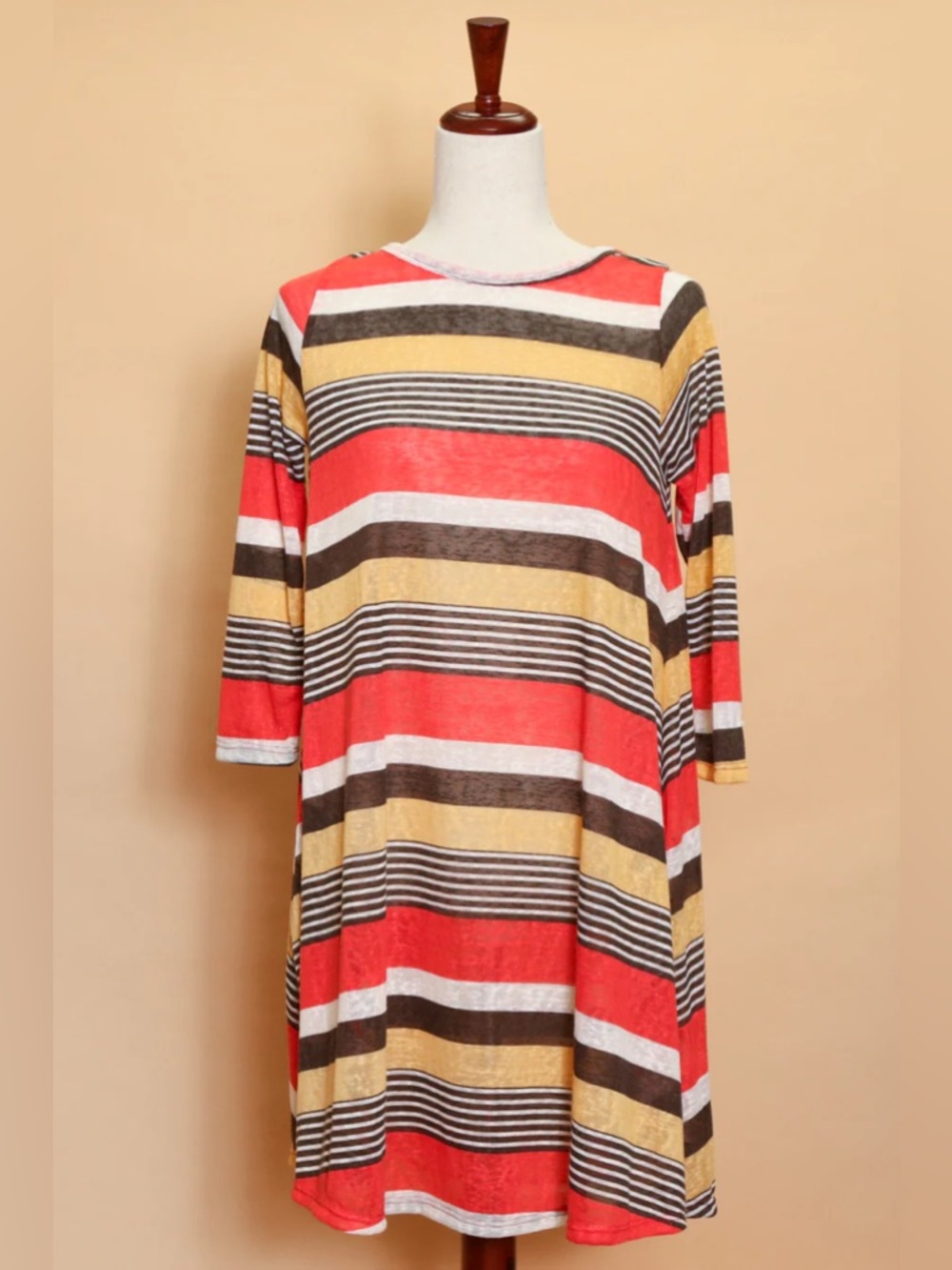 D289 Bellamie Multi Color Stripe 3/4 Sleeve Tunic Top Dress with Pockets